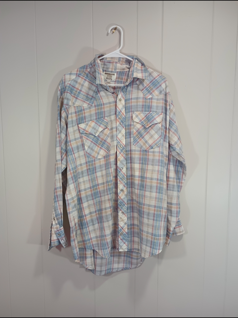 Ruddock Shirts Brand Plaid Button-Down Shirt Blue, Pink, Yellow and White